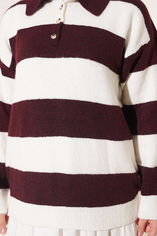 Horizontal Striped Button Detail Knit Sweater In Plum