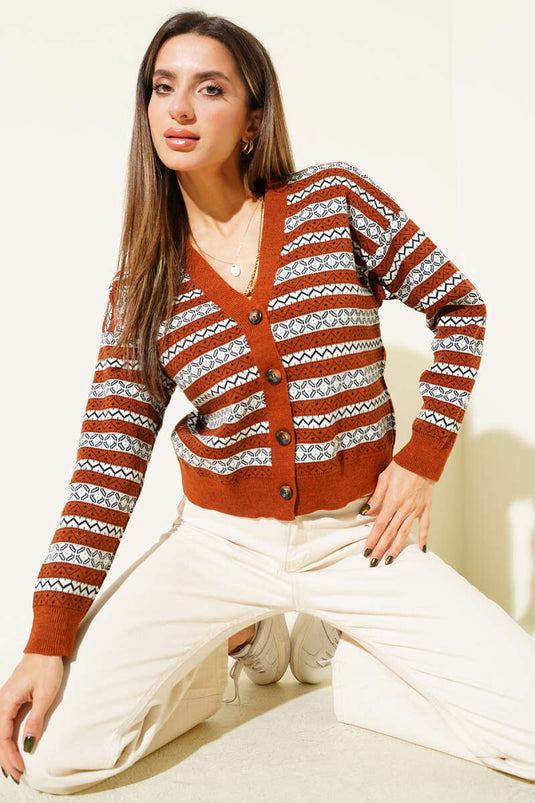 Yatay Çizgili Düğmeli Triko Hırka Kiremit