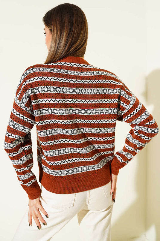 Yatay Çizgili Düğmeli Triko Hırka Kiremit