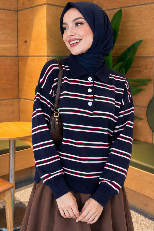 Horizontal Gestreepte Knitsweater Met Knopen Navy