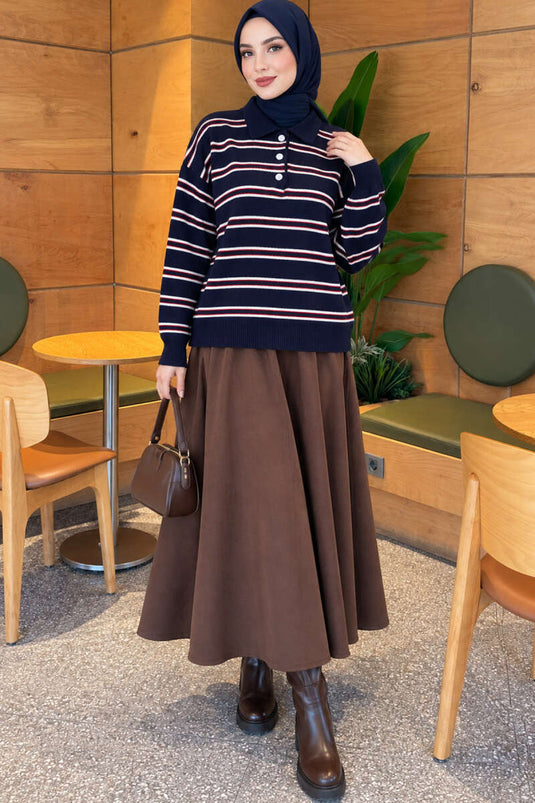 Horizontal Gestreepte Knitsweater Met Knopen Navy