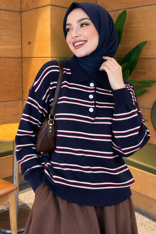 Horizontal Gestreepte Knitsweater Met Knopen Navy