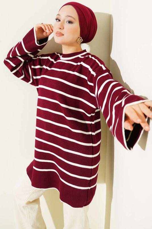 Yatay Çizgili Düşük Omuz Triko Tunik Bordo