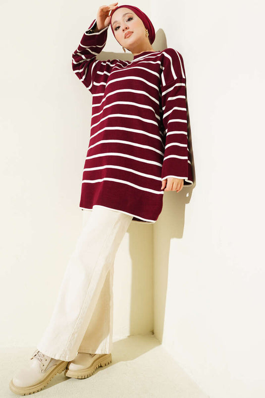 Yatay Çizgili Düşük Omuz Triko Tunik Bordo