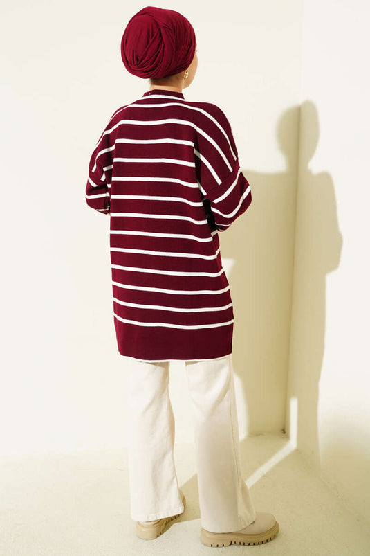 Yatay Çizgili Düşük Omuz Triko Tunik Bordo