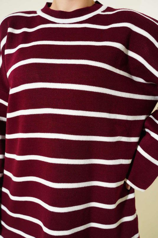 Yatay Çizgili Düşük Omuz Triko Tunik Bordo