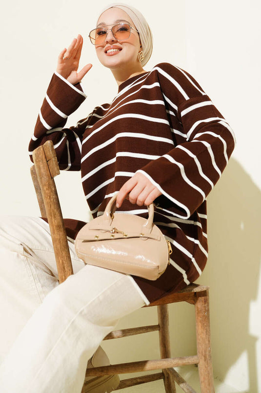 Yatay Çizgili Düşük Omuz Triko Tunik Kahve