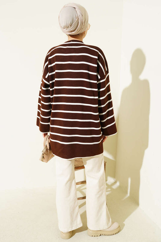 Yatay Çizgili Düşük Omuz Triko Tunik Kahve