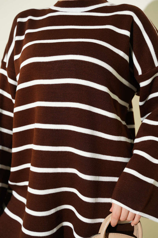 Yatay Çizgili Düşük Omuz Triko Tunik Kahve