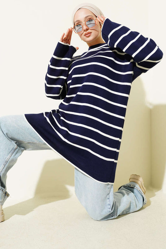 Yatay Çizgili Düşük Omuz Triko Tunik Lacivert