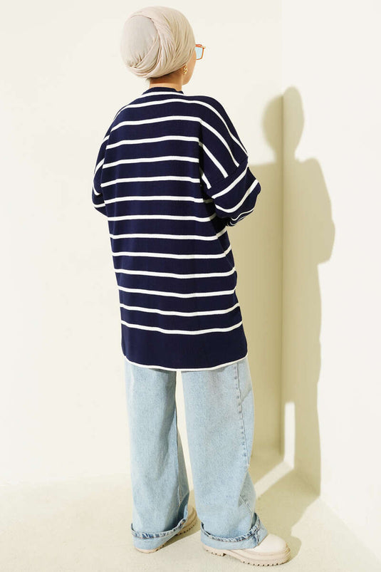 Yatay Çizgili Düşük Omuz Triko Tunik Lacivert