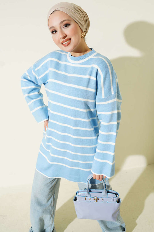 Yatay Çizgili Düşük Omuz Triko Tunik Mavi