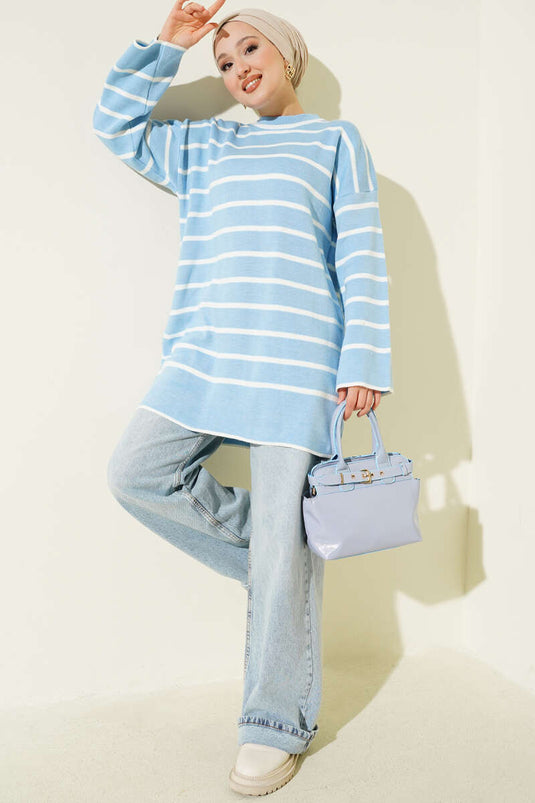 Yatay Çizgili Düşük Omuz Triko Tunik Mavi