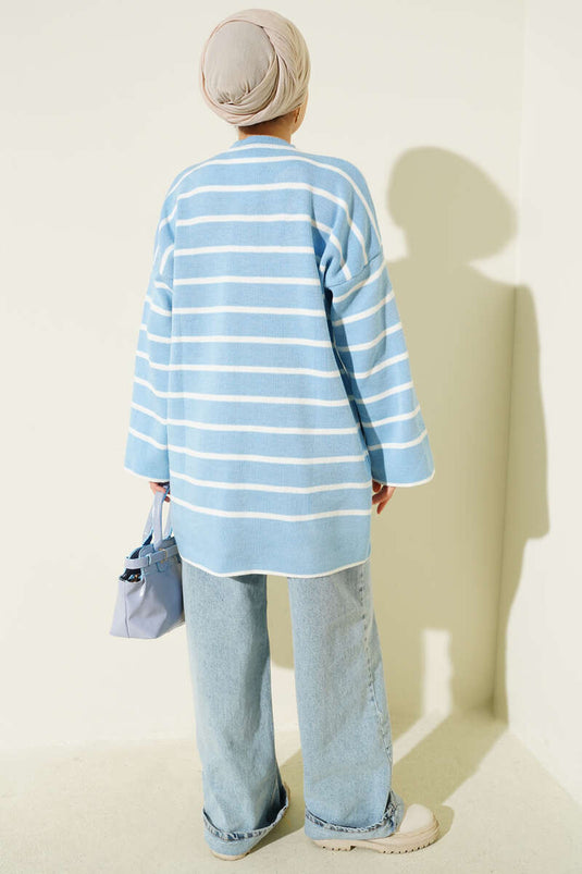 Yatay Çizgili Düşük Omuz Triko Tunik Mavi