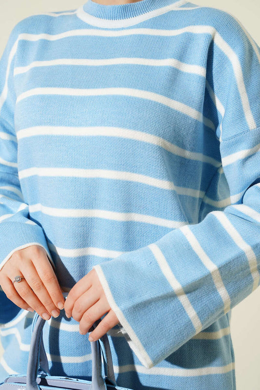 Yatay Çizgili Düşük Omuz Triko Tunik Mavi