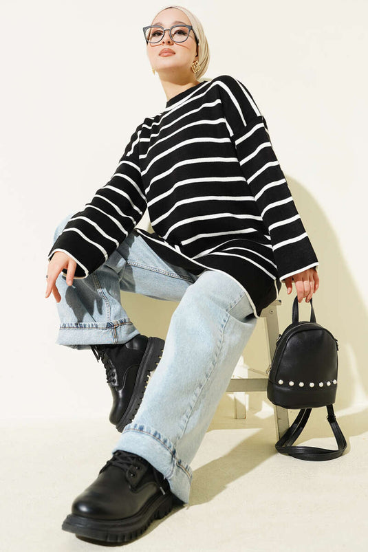 Yatay Çizgili Düşük Omuz Triko Tunik Siyah