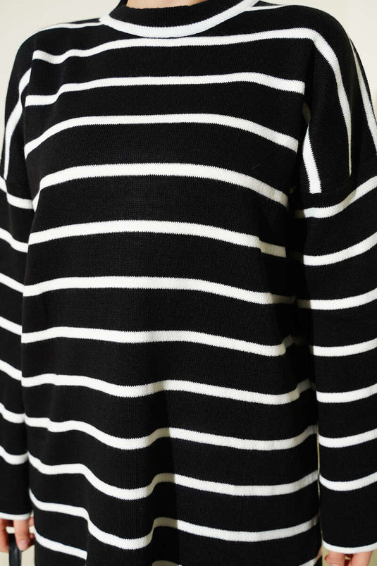 Yatay Çizgili Düşük Omuz Triko Tunik Siyah