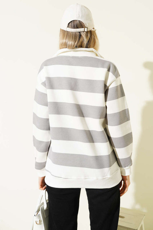 Yatay Çizgili Fermuarlı Üç İplik Sweatshirt Gri