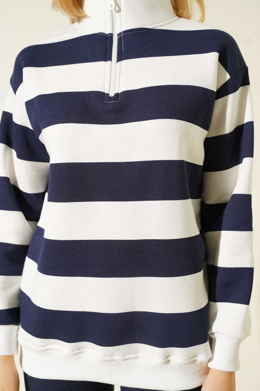 سويت شيرت ثلاثي الخيوط مخطط بأزرار سحاب باللون الأزرق الداكن