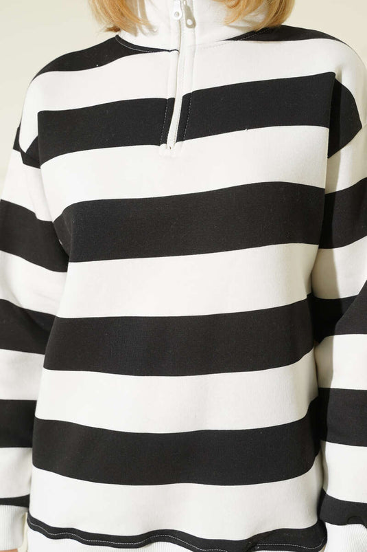 سويت شيرت بسحاب وثلاث خيوط مخطط عرضي أسود