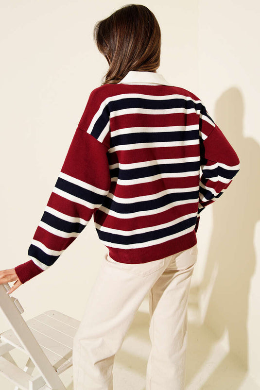 Yatay Çizgili Gömlek Yaka Triko Kazak Bordo