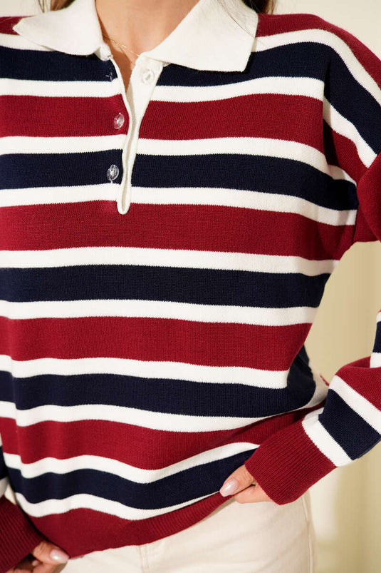 Yatay Çizgili Gömlek Yaka Triko Kazak Bordo