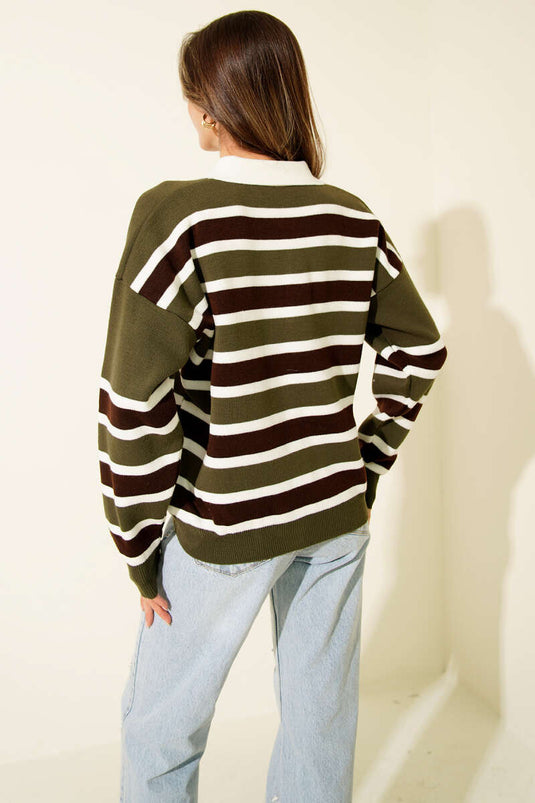 Horizontal Striped Shirt Collar Knit Sweater Khaki