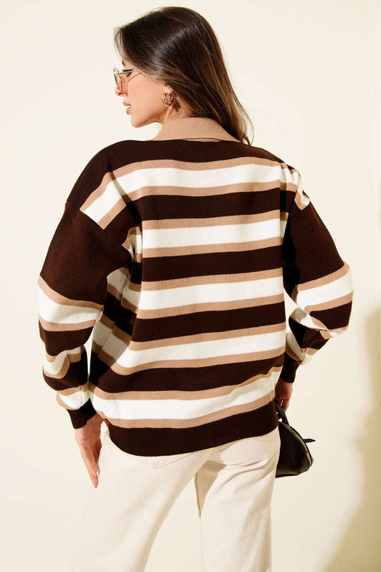 Horizontal Striped Shirt Collar Knit Sweater, Coffee