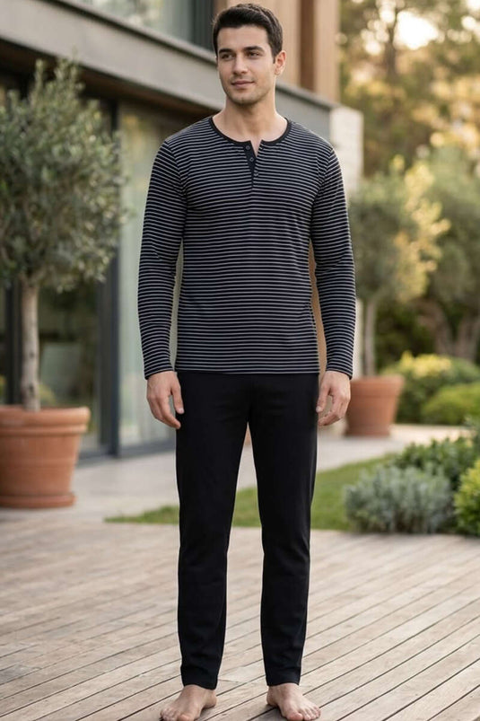 Pyjama Homme À Rayures Horizontales En Interlock Noir