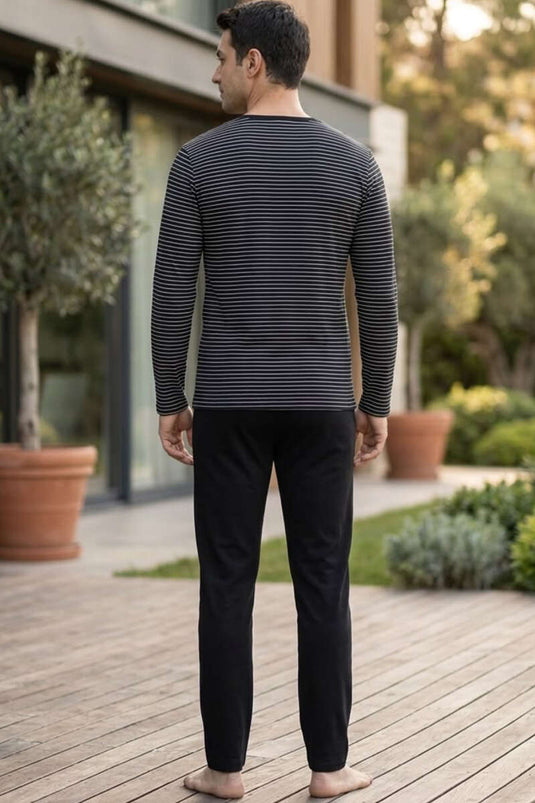 Pyjama Homme À Rayures Horizontales En Interlock Noir