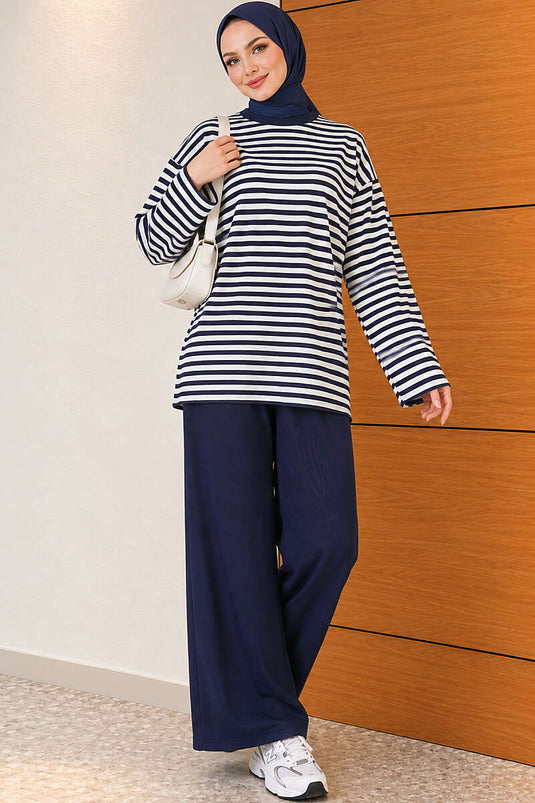 Horizontal Striped Lounge Two-Piece Set Navy