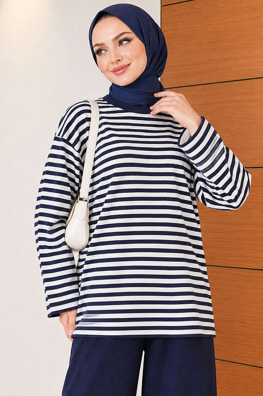 Horizontal Striped Lounge Two-Piece Set Navy