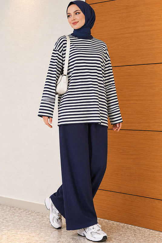 Horizontal Striped Lounge Two-Piece Set Navy
