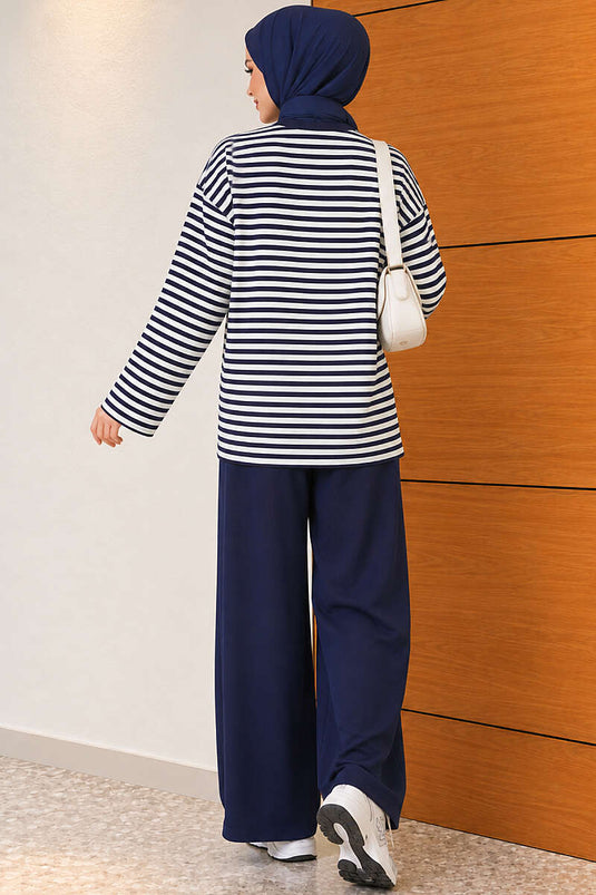 Horizontal Striped Lounge Two-Piece Set Navy