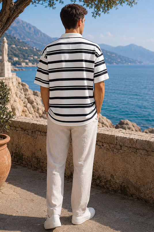 Yatay Çizgili Polo Yaka Erkek T-shirt Beyaz