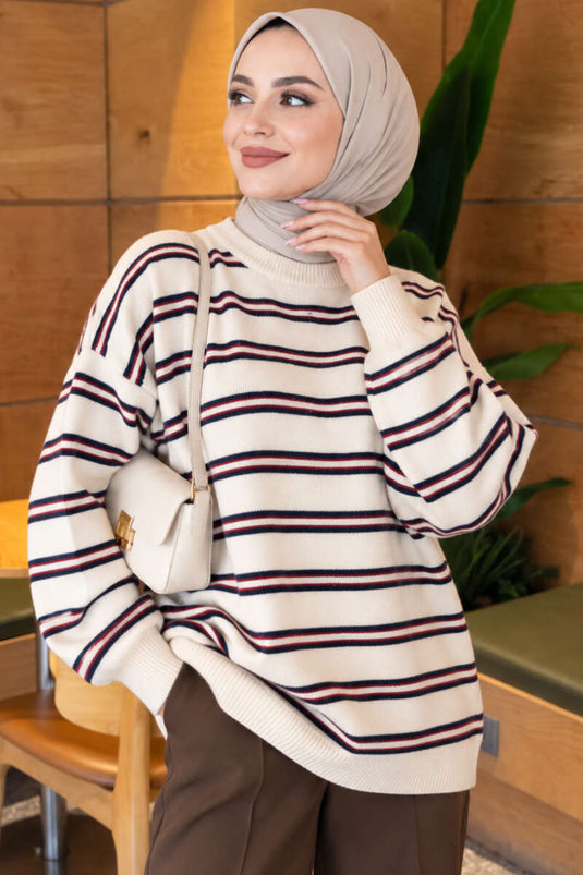 Beige Striped Loose Knit Tunic