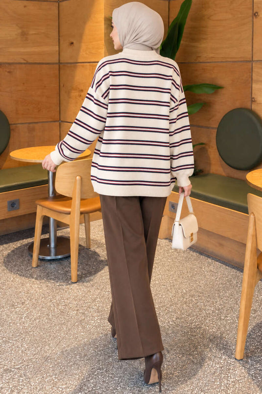 Beige Striped Loose Knit Tunic