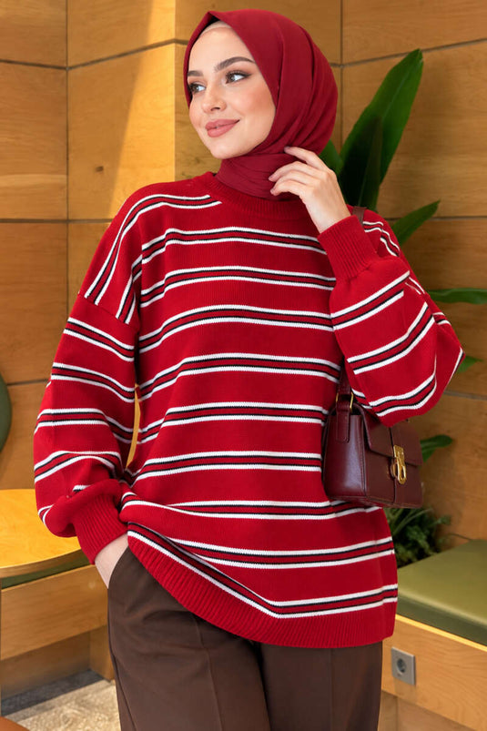 Tunique Tricot Oversized À Rayures Rouges