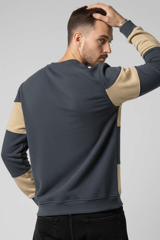 Yatay Çizgili Selanik Erkek Sweatshirt Füme