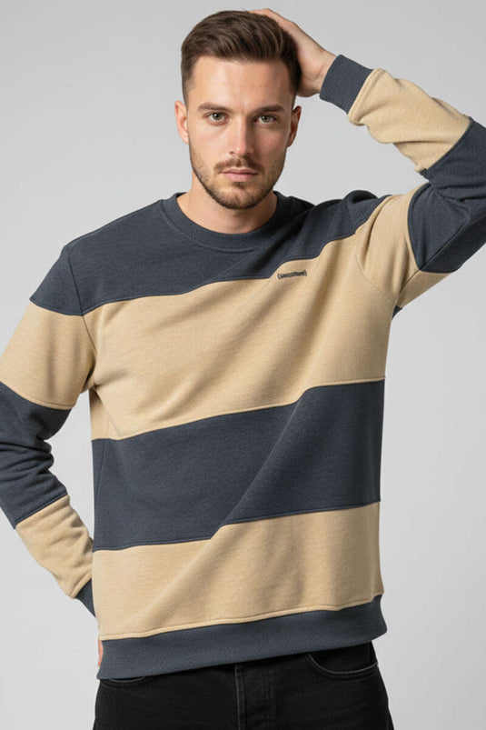 Yatay Çizgili Selanik Erkek Sweatshirt Füme