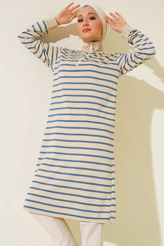 Tunique Zippée à Col Rayé Horizontal Indigo