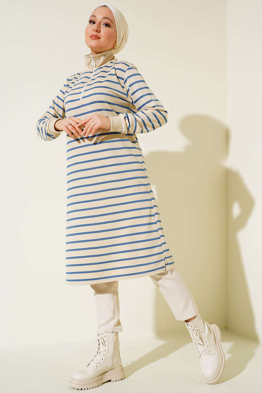 Tunique Zippée à Col Rayé Horizontal Indigo