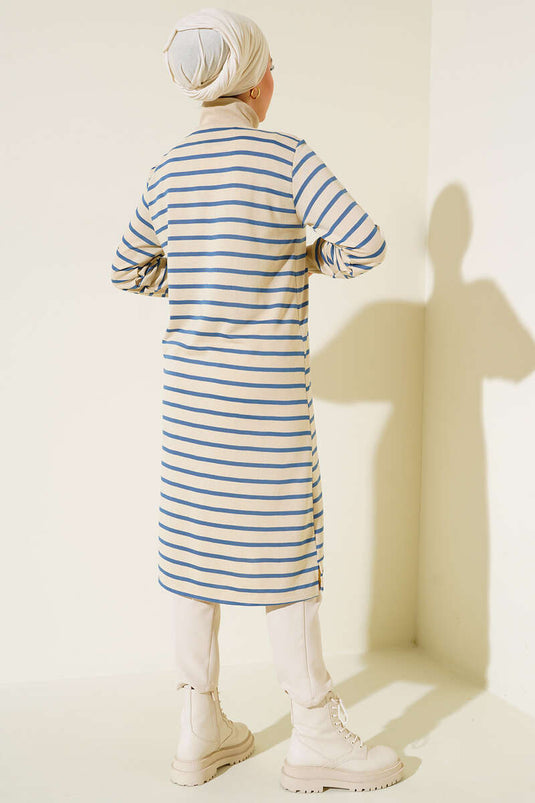 Tunique Zippée à Col Rayé Horizontal Indigo