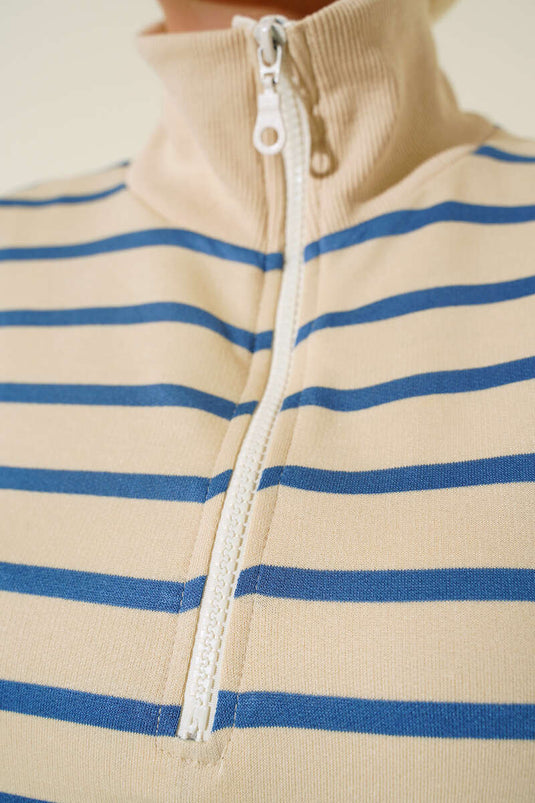 Tunique Zippée à Col Rayé Horizontal Indigo