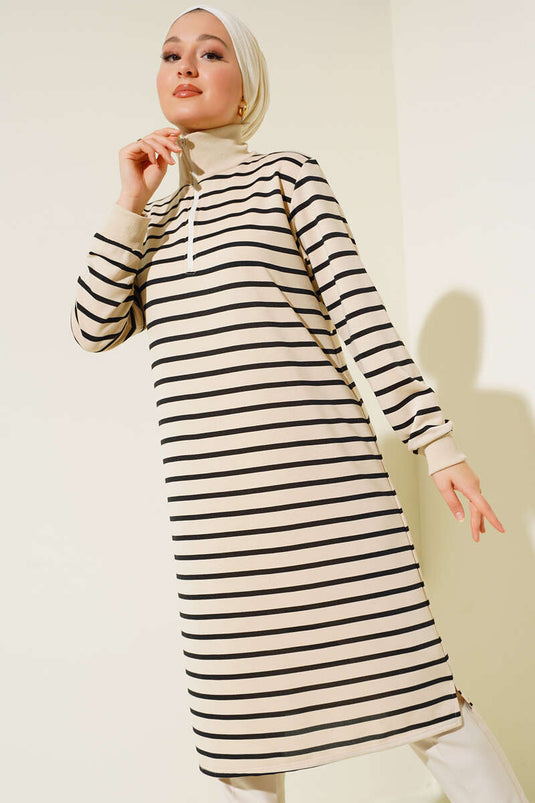 Tunique Zippée à Col Rayé Horizontal Noir