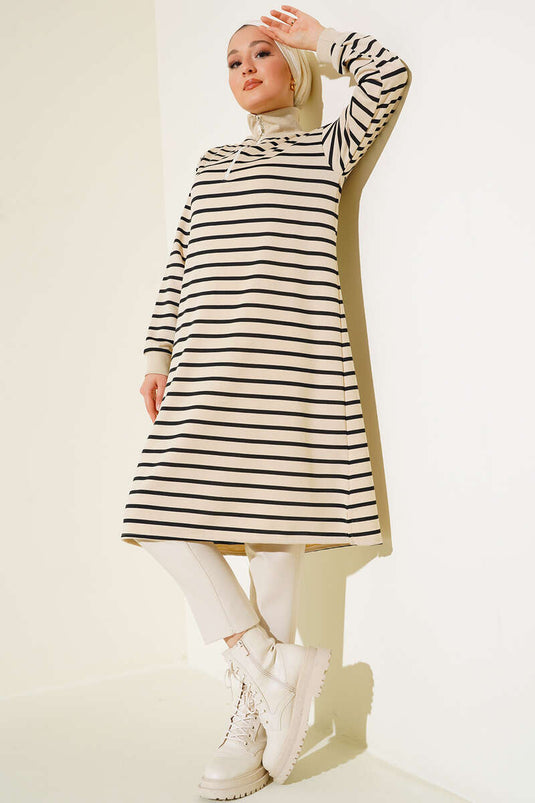 Tunique Zippée à Col Rayé Horizontal Noir