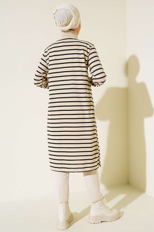 Tunique Zippée à Col Rayé Horizontal Noir