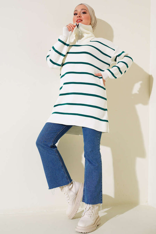 Tunique en tricot à col zippé à rayures horizontales vert émeraude