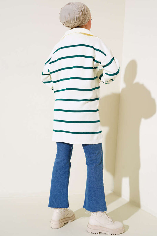 Tunique en tricot à col zippé à rayures horizontales vert émeraude