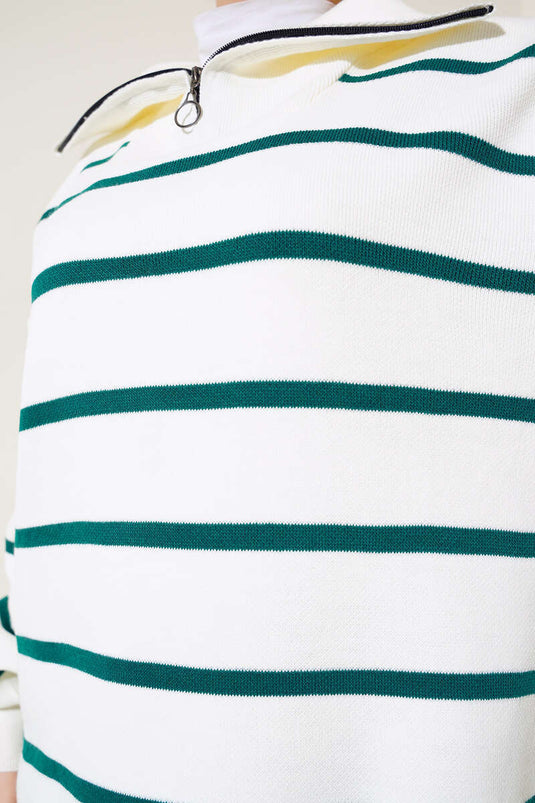 Tunique en tricot à col zippé à rayures horizontales vert émeraude